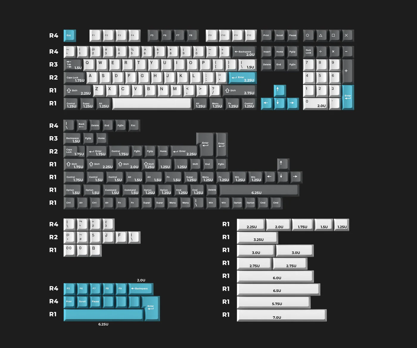 Cherry Profile Double - Shot PBT Full Set Keycaps - Grey, White, and Blue - Image 7